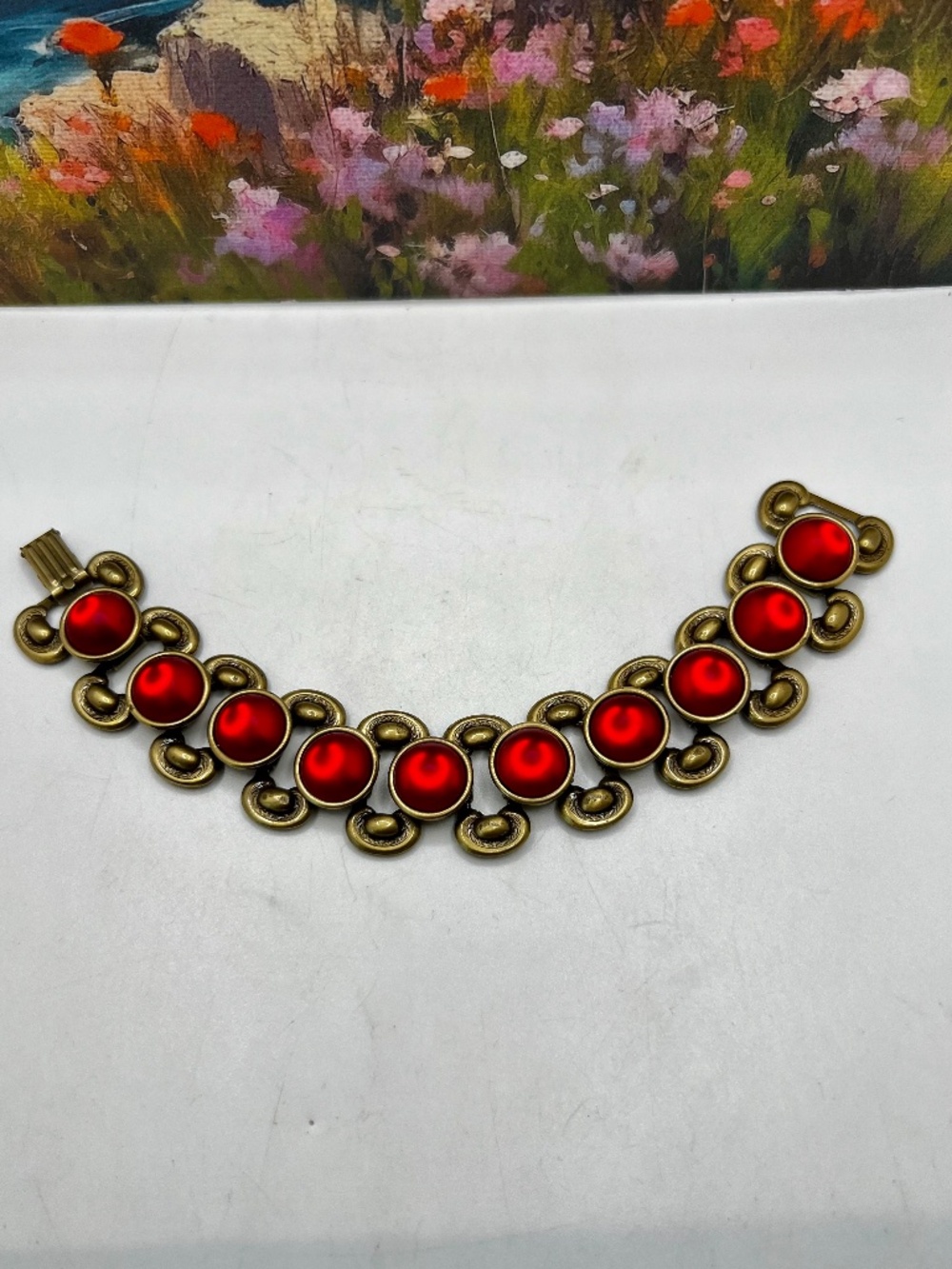 Brass Book Link Red Frosted Glass Bracelet - Picture 4 of 6